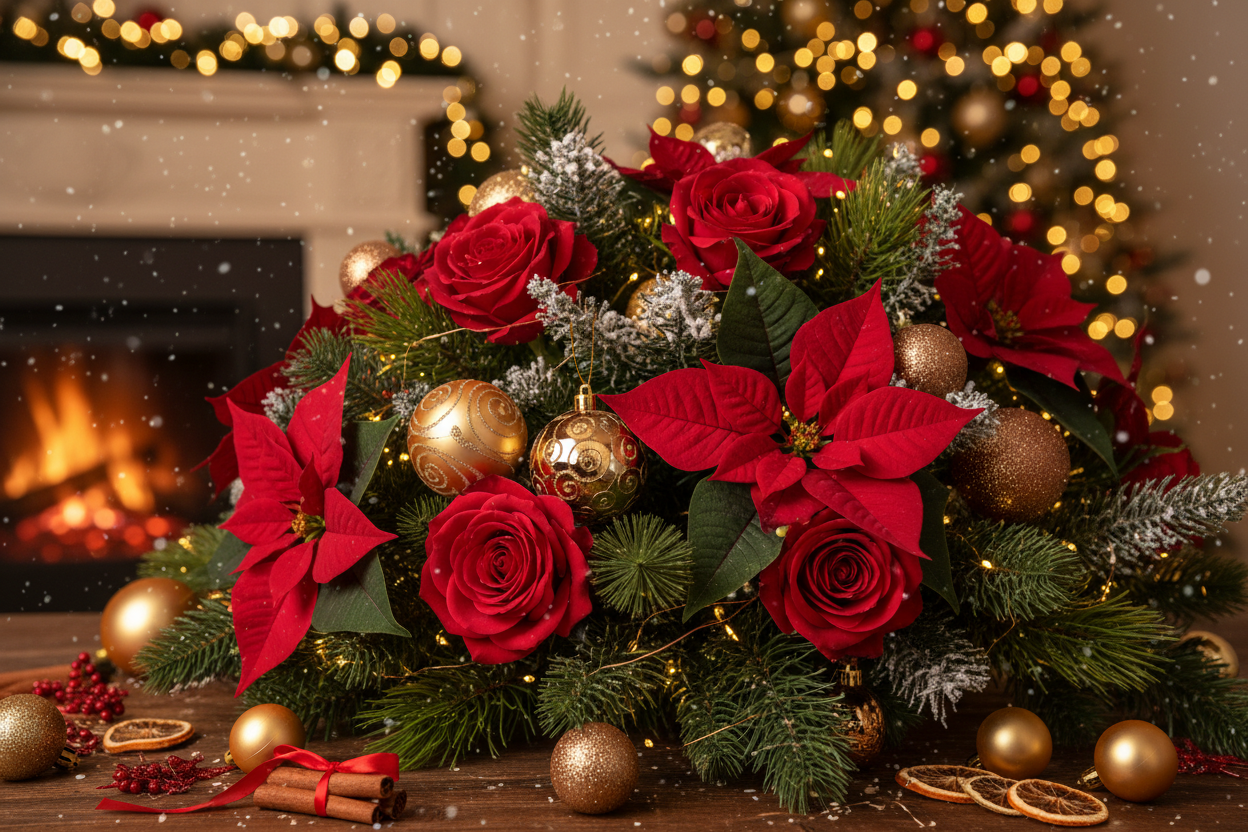 Christmas themed with red flowers